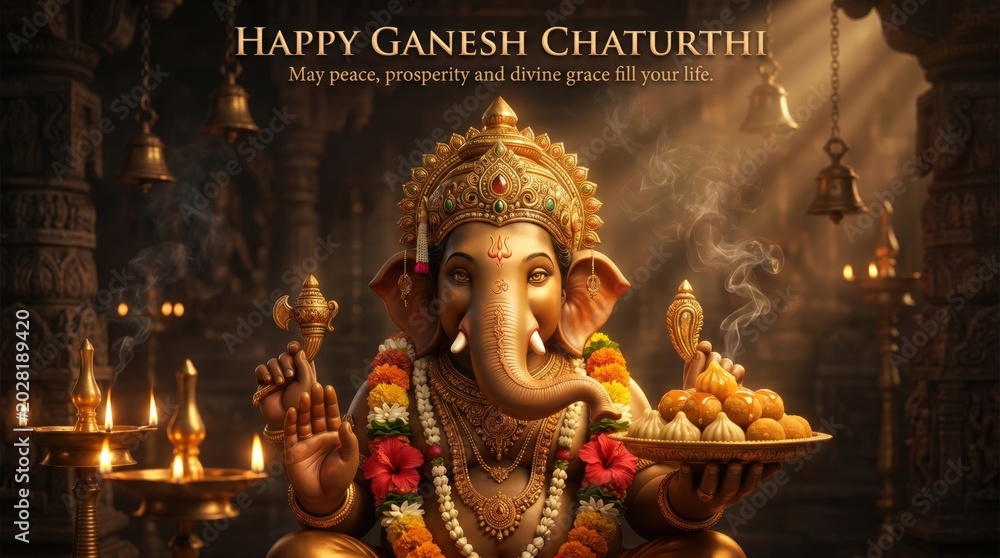 Fototapeta premium Lord Ganesha adorned with golden ornaments and flower garlands holds a plate of sweets and a decorative scepter surrounded by incense smoke and temple bells