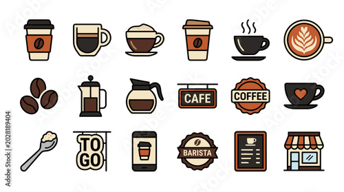 Photos Coffee and Cafe Beverage Icon Set Collection with Espresso, Latte, French Press,