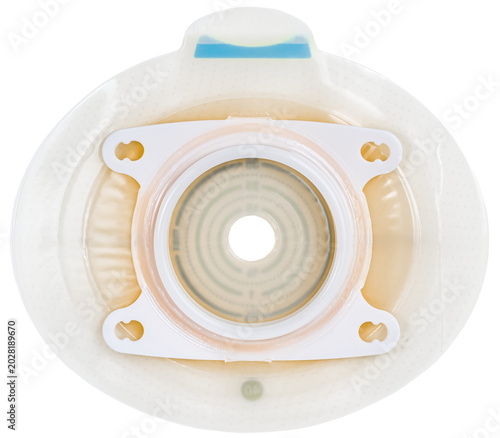 Ostomy base plate with sealed key for securing urine or stool collection bag,providing skin barrier for stoma care for people requiring urostomy,colostomy or ileostomy, isolated