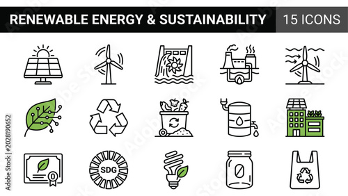 Canvastavla Renewable energy and sustainability icon set, 15 green ecology vector icons, env