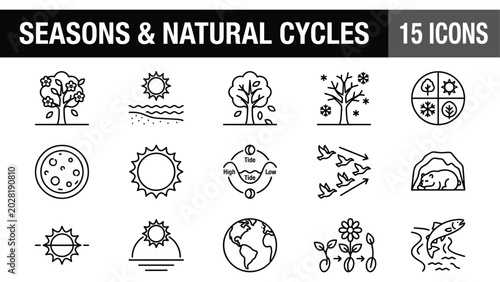 Bild auf Leinwand Seasons and natural cycles icon set, 15 linear vector icons of weather patterns,