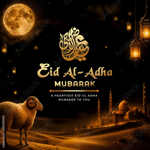 Luxury Eid ul Adha Mubarak Greeting Social Media Template, Eid al Adha, Elegant design, Festival of sacrifice, Happy Eid Ul Adha poster,Arabic Islamic calligraphy of text Eid Adha Mubarak