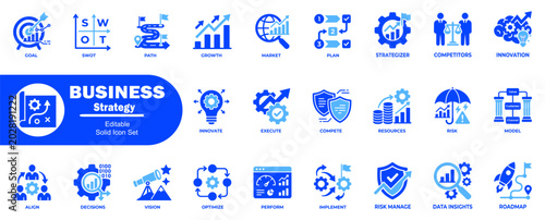Tableau sur toile Editable solid icon set for business strategy with goal swot path growth market plan strategist competitors innovation