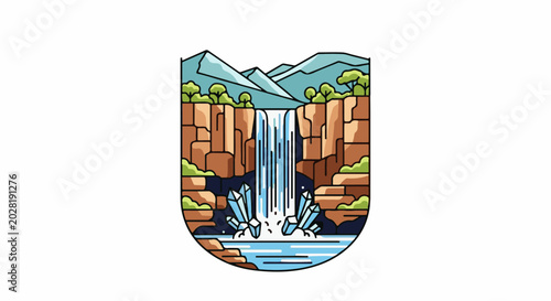 A stylized waterfall cascades down rocky cliffs with crystalline structures at its base