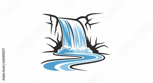 A stylized waterfall cascades into a winding river, surrounded by abstract rock formations