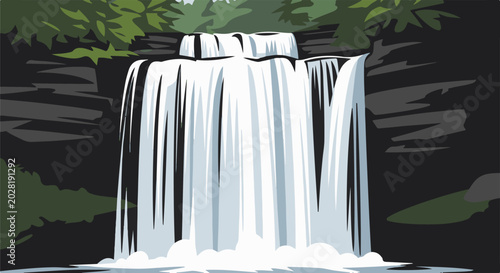 A stylized waterfall cascades down rocky cliffs amidst lush green foliage