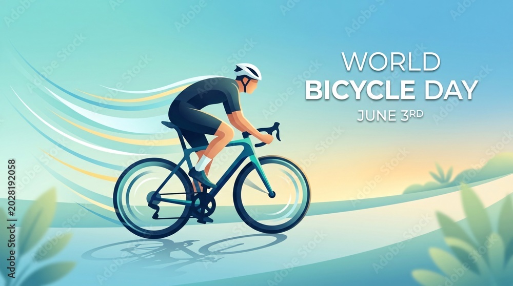 Fototapeta premium Cyclist riding mountain bike on tropical coastal road for World Bicycle Day celebration