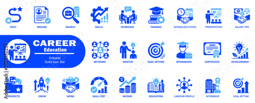 Professional career and education vector icon set featuring business growth training networking interviews and academic success symbols.