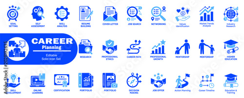 Photos Career planning solid icon set featuring goal setting self assessment skill analysis resume building and job search professional tools