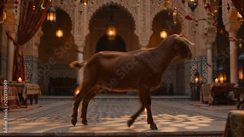 Majestic goat standing in ornate Moroccan courtyard with lanterns