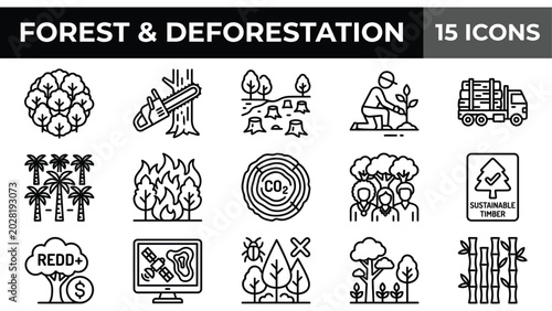 Obraz na płótnie Forest and deforestation line icons, 15 environmental conservation vector set, l