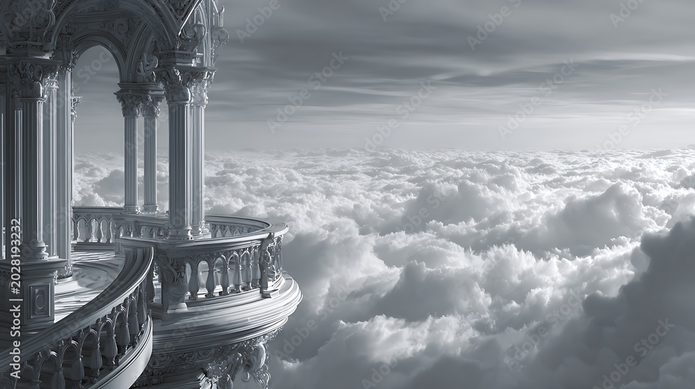 Obraz premium Ethereal balcony overlooking a vast sea of clouds in a fantasy sky.