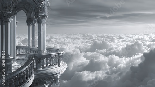 Ethereal balcony overlooking a vast sea of clouds in a fantasy sky.