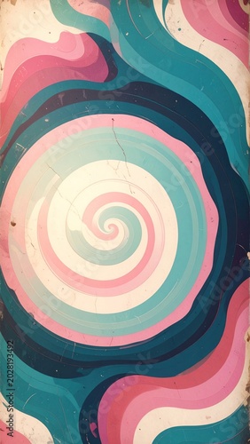 A mesmerizing spiral pattern in pastel pink, white, and turquoise, evoking a sense of calm and wonder, with a vintage aesthetic