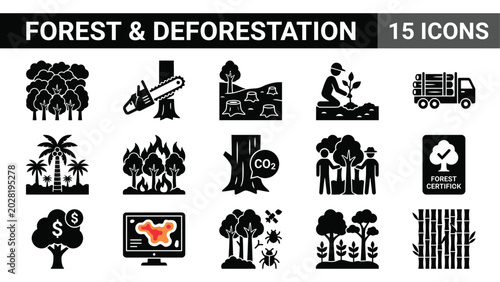 Canvastavla Forest and deforestation icons set, 15 black glyph vector symbols for logging, r