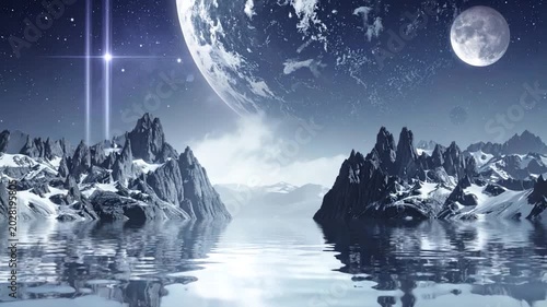 An alien landscape with mountains, water, and planets in the sky, lit by distant starlight