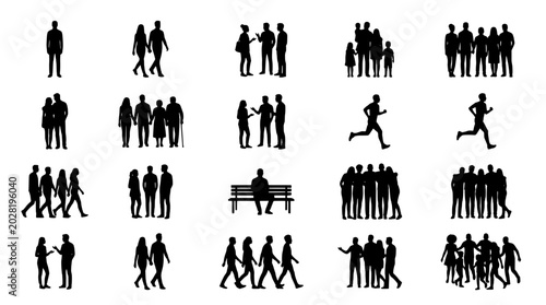 People silhouettes set with various group and individual poses featuring walking, running, sitting with standing and social elements for crowd,