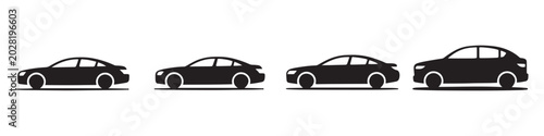 Collection of black car silhouettes viewed from side on white background.