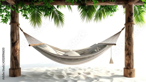 Relaxing view of a hammock hanging between wooden posts with palm fronds overhead