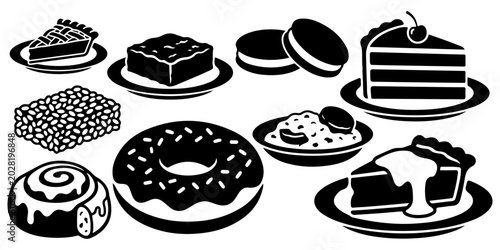 Fotografie American diner dessert and baked goods black silhouette icon set with apple pie,