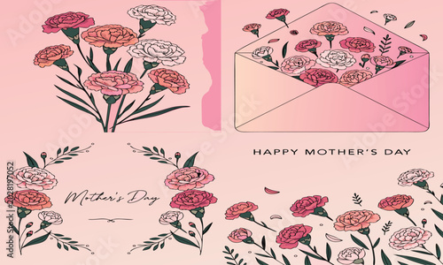 Cuadro en lienzo Greeting cards, Mother's Day themed with pink flowers and envelope, Happy Mother