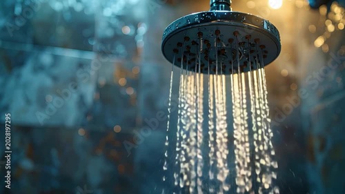 A close-up of a modern shower head with water cascading down, lit with soft light