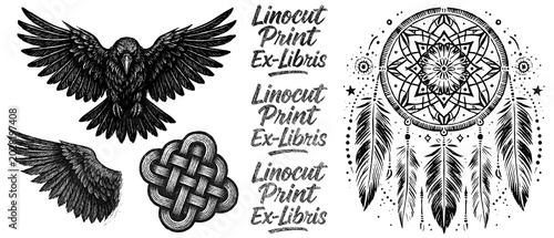 Raven, jackdaw, dreamcatcher, Celtic, feathers, tattoo, print, linocut stamp, ex libris, ink