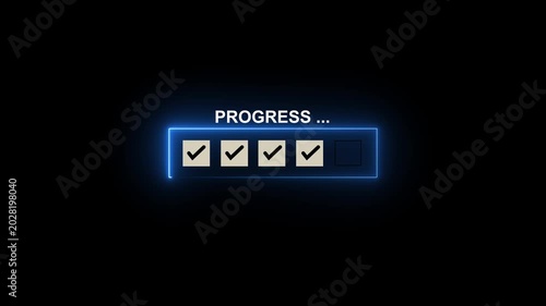 Progress bar with checkmarks and empty box on black background with blue neon glow checkbox task