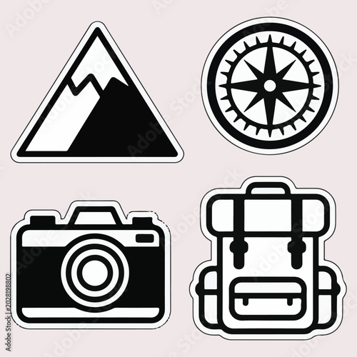 Adventure travel and hiking outline stickers set with mountains, compass, camera, and backpack