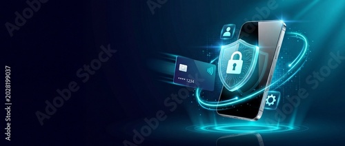 Mobile phone with credit card and shield icon for secure online payment and protection