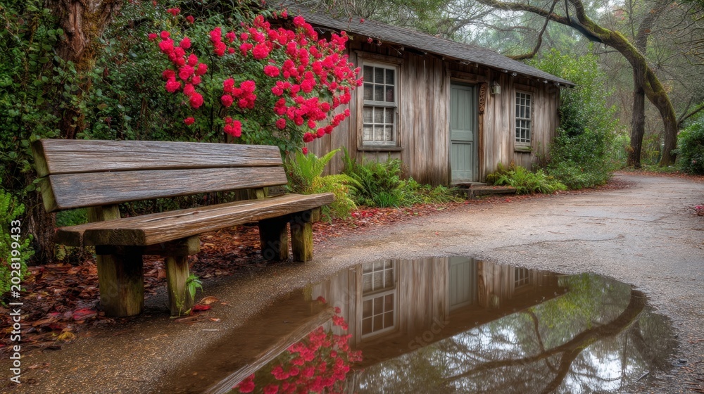 Obraz premium Peaceful Garden Retreat with Flowering Bush, Wooden Bench, and Reflection in Water, Perfect for Nature and Outdoor Photography