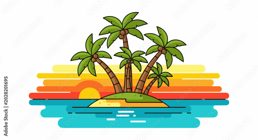 Fototapeta premium A vibrant, stylized tropical island at sunset with palm trees