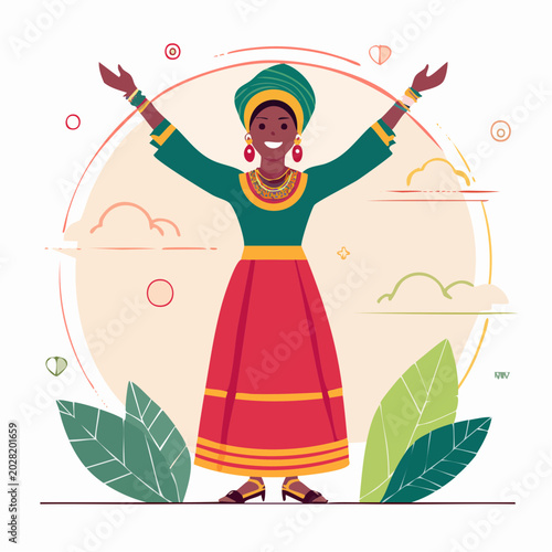 Joyful Woman in Traditional African Attire with Arms Raised