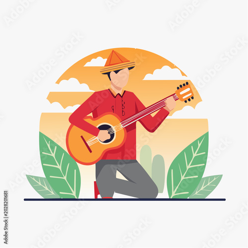 Man Playing Guitar in Traditional Hat