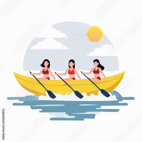 Three Women Canoeing Together on a Sunny Day