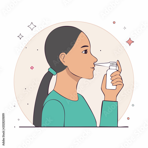 Woman using nasal spray for allergy relief or congestion