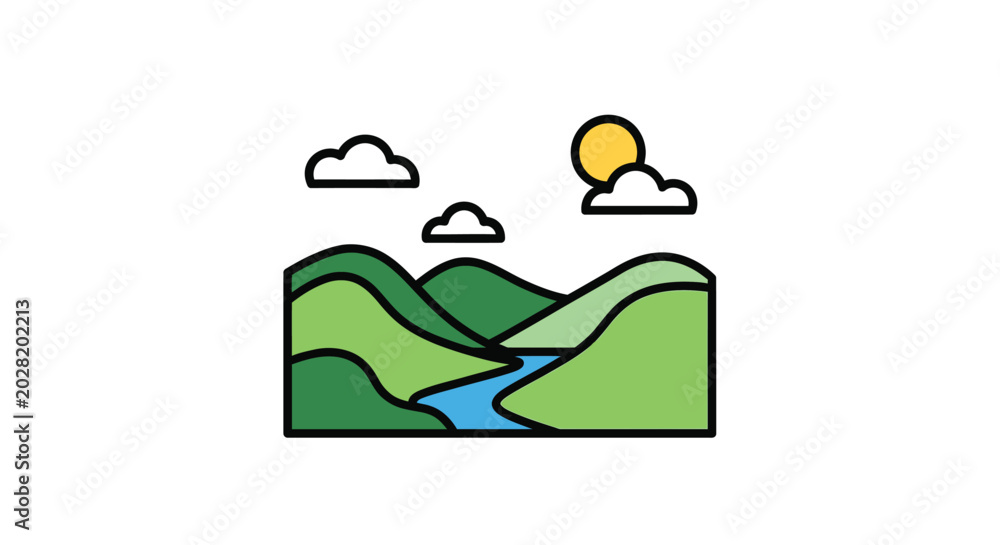 Fototapeta premium mountain landscape illustration with sun and clouds