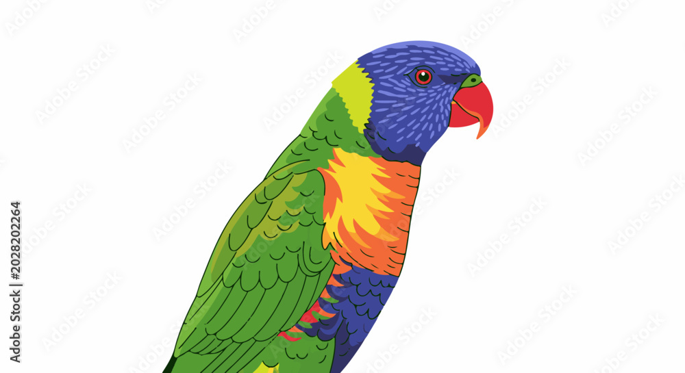 Naklejka premium Colorful lorikeet parrot with blue head, yellow chest, orange breast, and green body