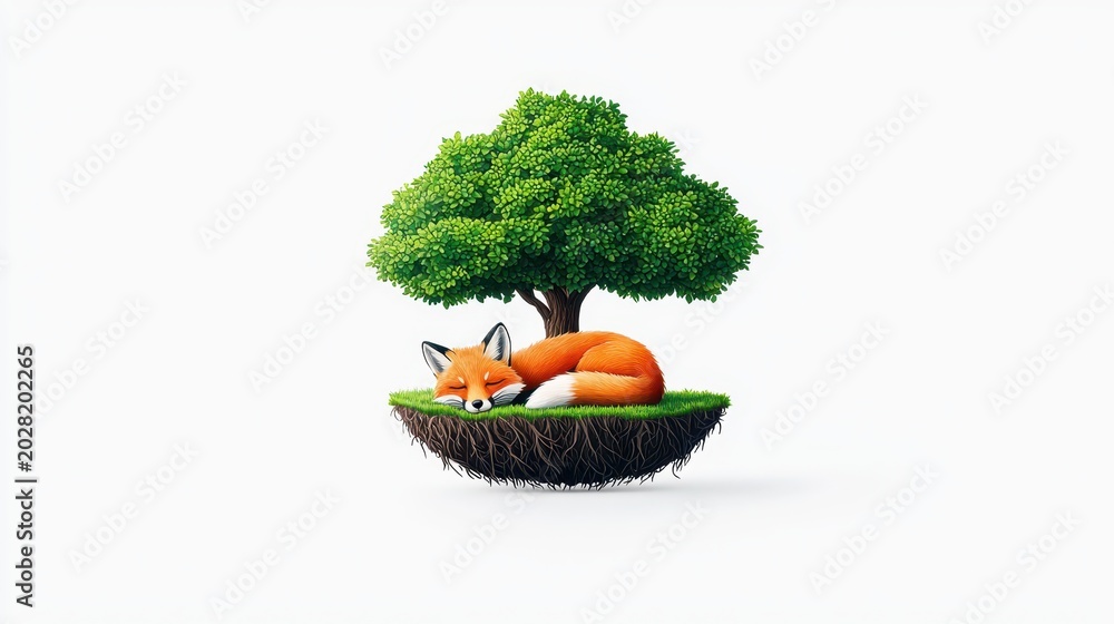 Naklejka premium Sleepy Fox Nestled Under Lush Tree on Floating Island in Serene Environment