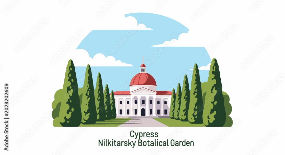 Naklejka premium Grand building with red dome flanked by manicured cypress trees and blue sky