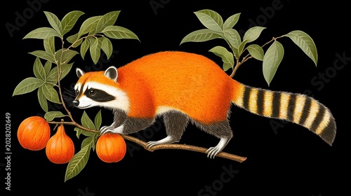 Colorful cartoon raccoon climbing on branch with oranges and green leaves isolated on black