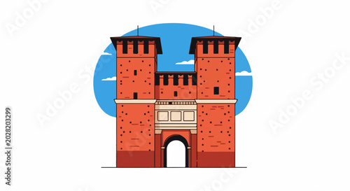 Stylized red brick gatehouse with crenellations and arched entrance