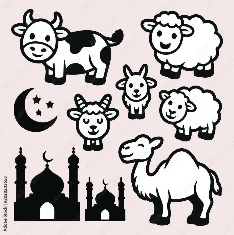 Fototapeta premium Eid al-Adha Mubarak outline icons collection with mosque, crescent moon, and sacrificial animals