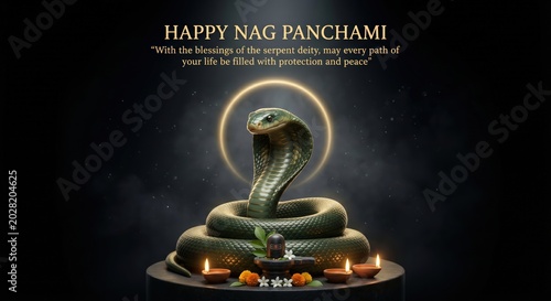 A coiled green cobra snake with a golden halo sits atop a pedestal with a Shiva Lingam surrounded by diyas and marigold flowers on a dark background with glowing happy nag panchami happy nag panchami