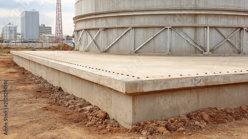 Industrial Storage Tank with Concrete Base Surrounded by Earth and Gravel at Warehousing Facility in City Environment