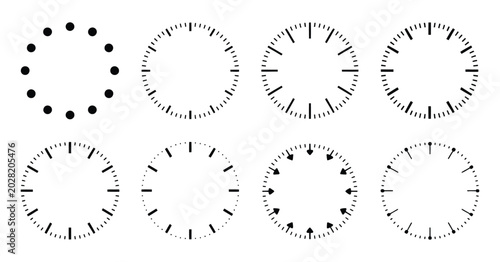 Fotografía Circle watch face icon set featuring round clock dial, time scale markers, stopw