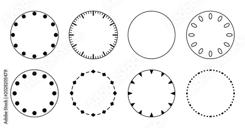 Tableau sur toile Circle watch face icon set featuring round clock dial, time scale markers, stopw