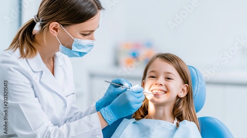 Pediatric dentist examining smiling little girl in modern dental chair  promoting dental health and happy visits