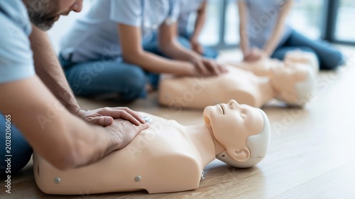 Group practicing CPR training on medical mannequin  learning emergency response and life saving first aid in classroom