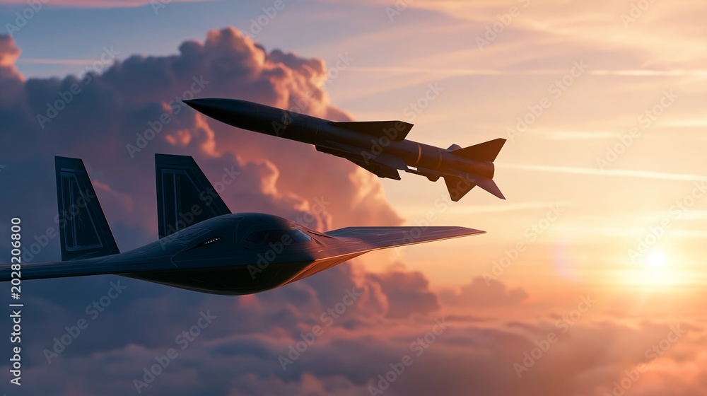Fototapeta premium Stealth drone flying with missile through dramatic sunset sky, representing modern air defense technology and future conflict